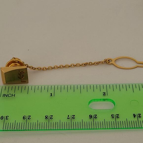 Yves Saint Laurent YSL Gold Tone Rectangle Logo Cufflinks Tie Pin Designer Set - Picture 11 of 12